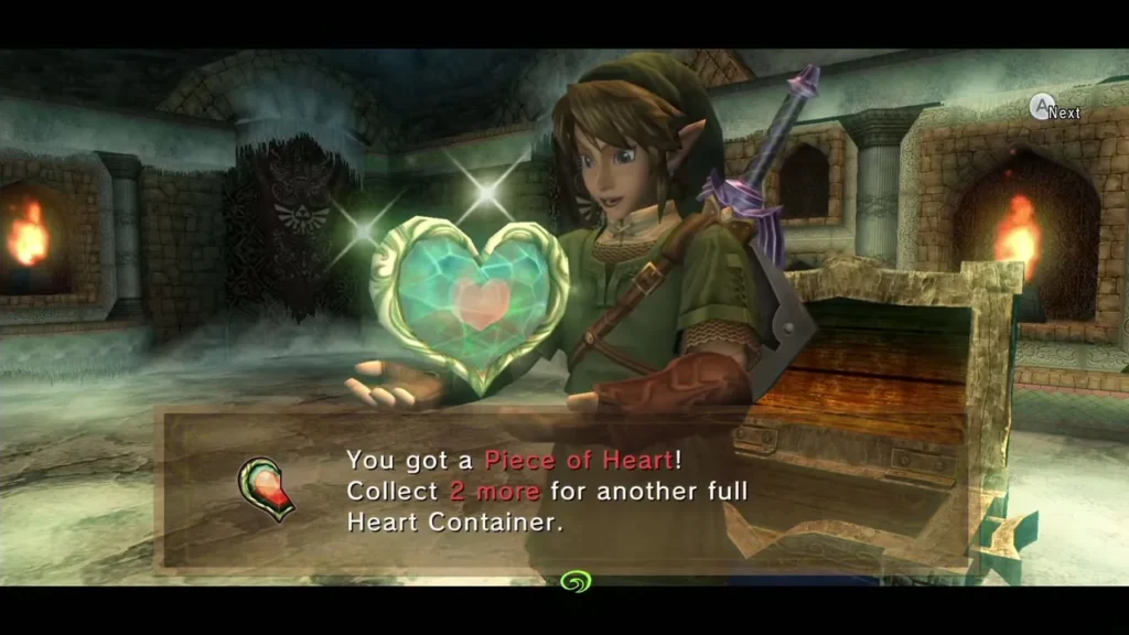 Link holds up the Piece of Heart with its message box Link holds up the Piece of Heart with its message box