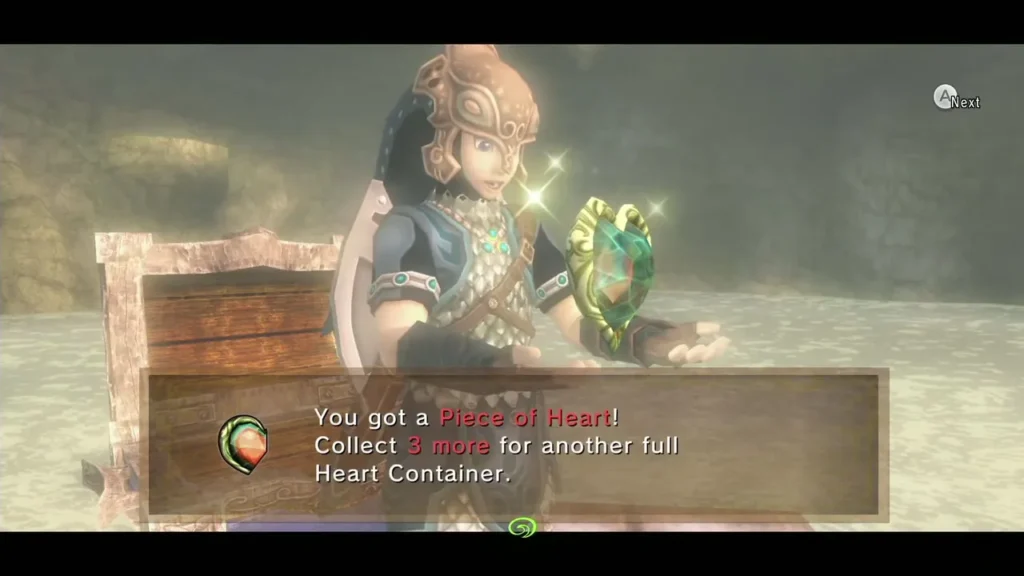 Link holding up the Piece of Heart from the lake platform chest, the item box fully shown Link holding up the Piece of Heart from the lake platform chest, the item box fully shown