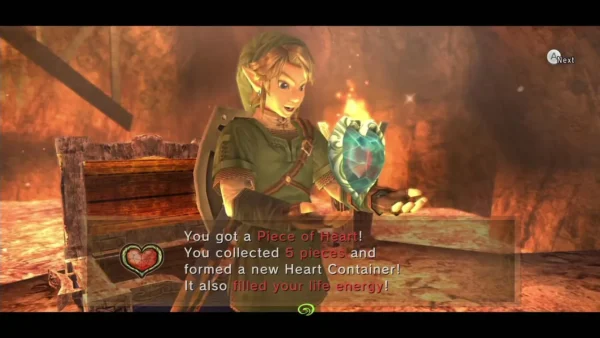 Link holding up the Piece of Heart from the cave chest, the item box fully shown Link holding up the Piece of Heart from the cave chest, the item box fully shown