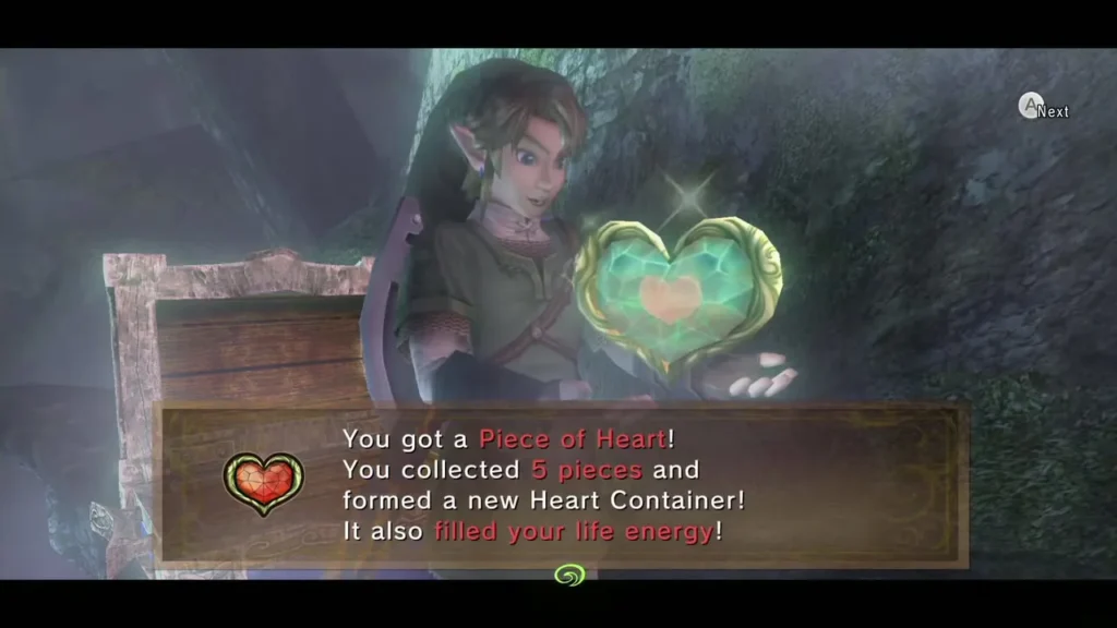 Link holds up the Piece of Heart with its full message box Link holds up the Piece of Heart with its full message box