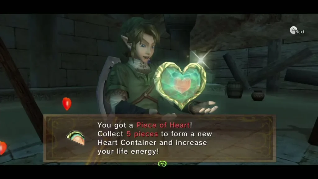 Link holding up the Piece of Heart that dropped from the roast, the item box fully shown Link holding up the Piece of Heart that dropped from the roast, the item box fully shown