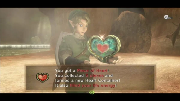 Link holding up the Piece of Heart that completes a new Heart Container, the item box fully shown Link holding up the Piece of Heart that completes a new Heart Container, the item box fully shown
