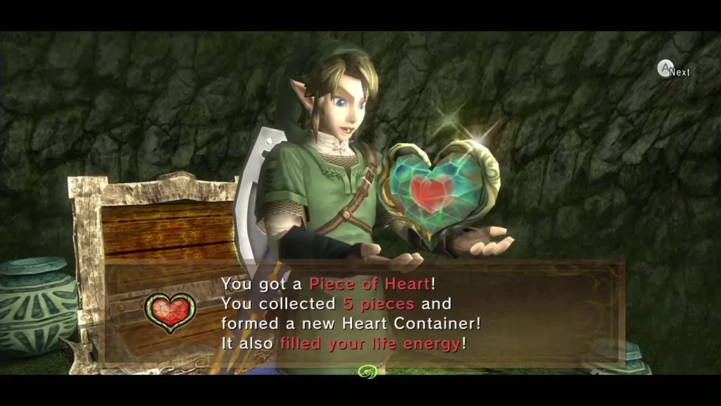 Link holds up the Piece of Heart with its full message box Link holds up the Piece of Heart with its full message box