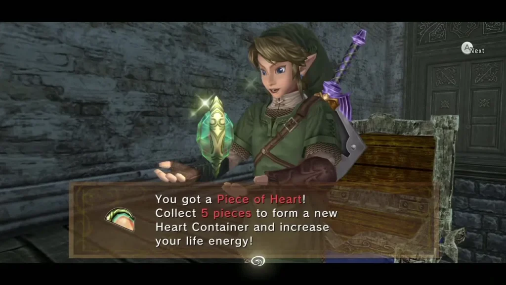 Link holding up the Piece of Heart from the hidden room chest, the item box fully shown Link holding up the Piece of Heart from the hidden room chest, the item box fully shown