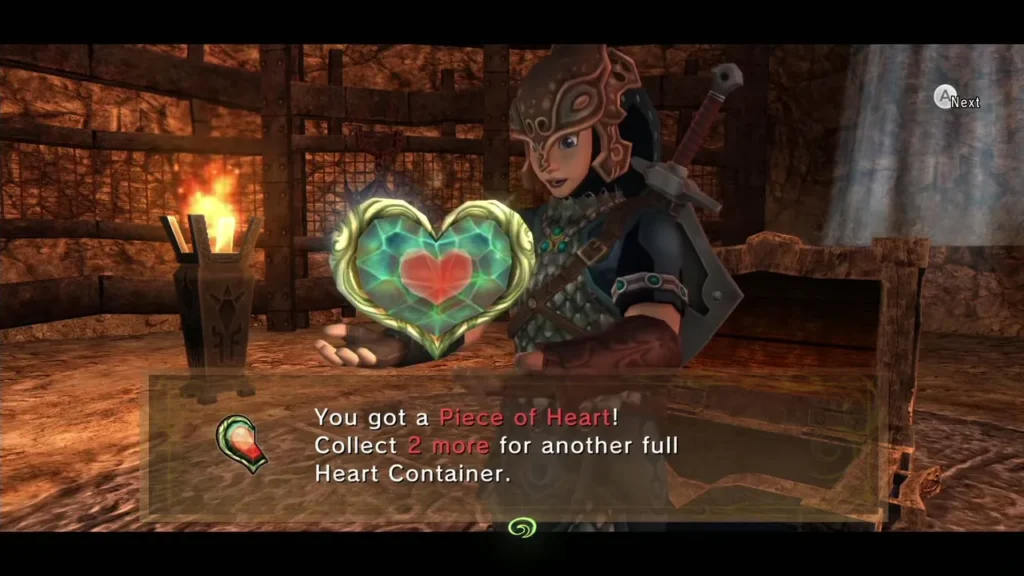 Link holding up the Piece of Heart from the cave's final chest, the item box fully shown Link holding up the Piece of Heart from the cave's final chest, the item box fully shown