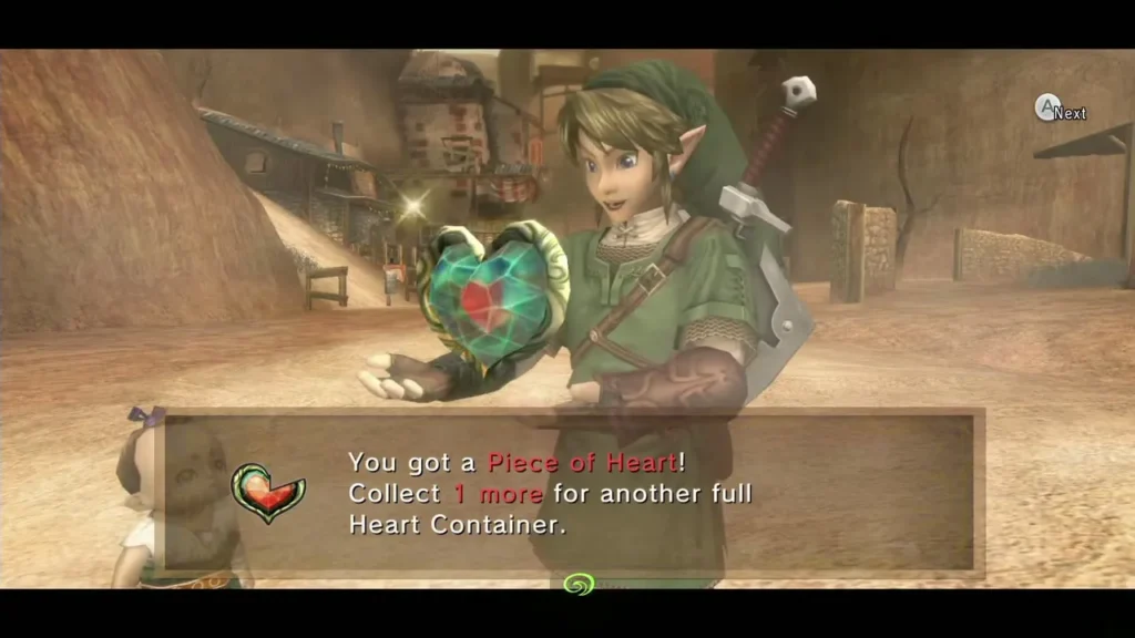 Link holds up the Piece of Heart with its message box in Lanayru Link holds up the Piece of Heart with its message box in Lanayru