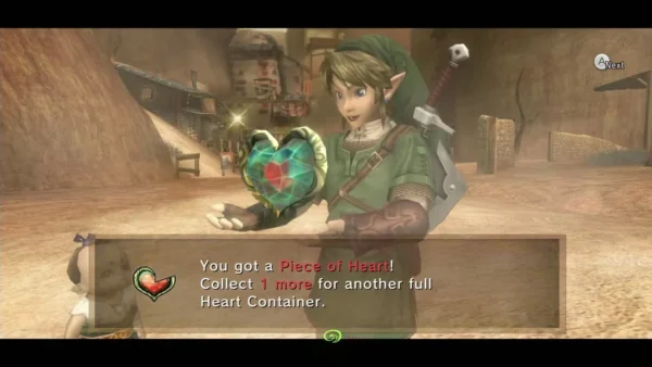 Link holds up the Piece of Heart with its message box in Lanayru Link holds up the Piece of Heart with its message box in Lanayru