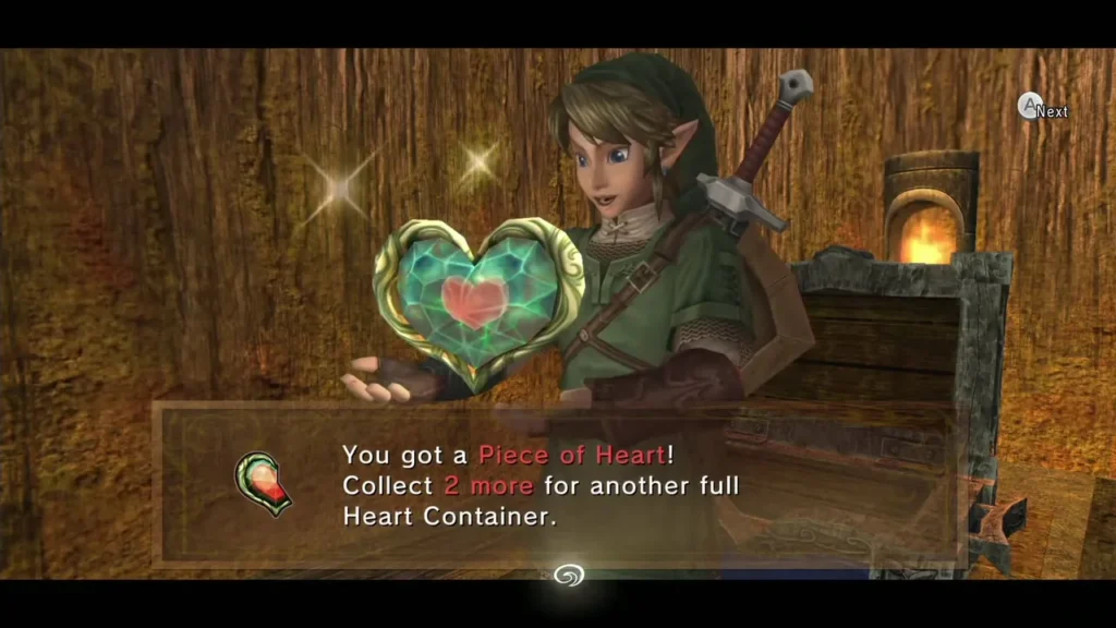 Link holds up the Piece of Heart with its message box in a wooden room Link holds up the Piece of Heart with its message box in a wooden room