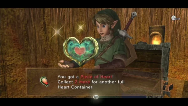 Link holds up the Piece of Heart with its message box in a wooden room Link holds up the Piece of Heart with its message box in a wooden room