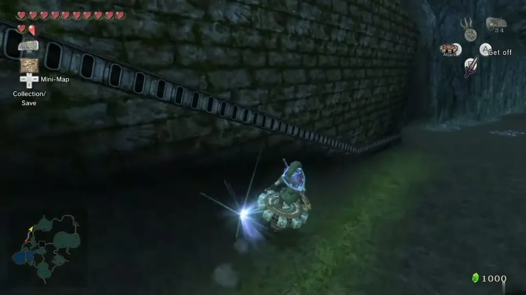 Link riding the Spinner along a rail on the stone cliff wall beside the road Link riding the Spinner along a rail on the stone cliff wall beside the road