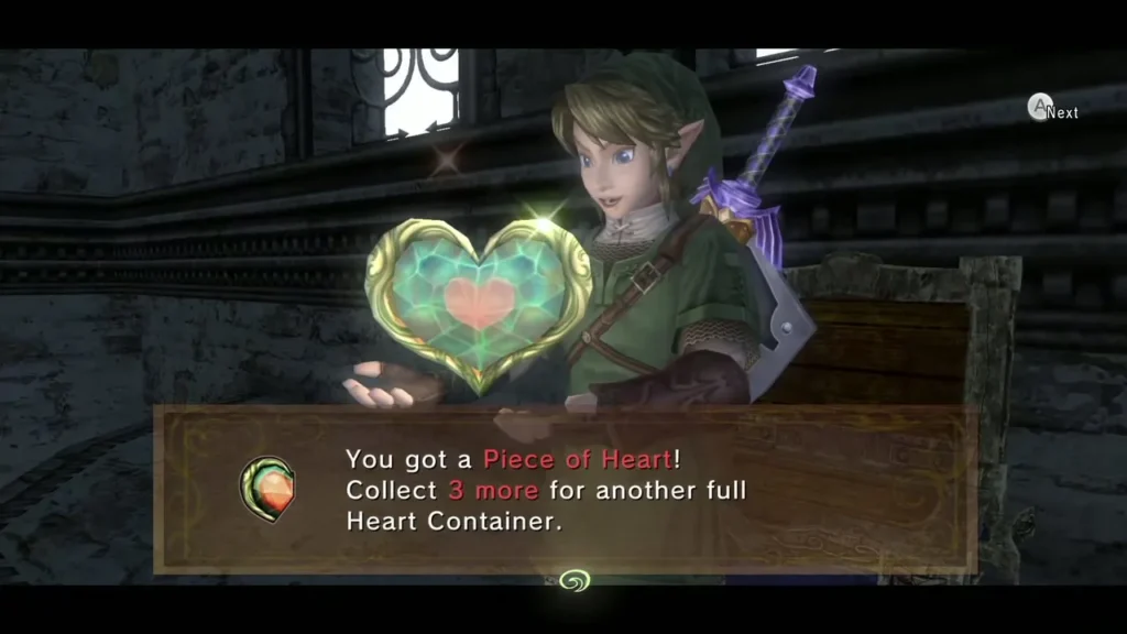 Link holding up the Piece of Heart on the ledge with its message box Link holding up the Piece of Heart on the ledge with its message box