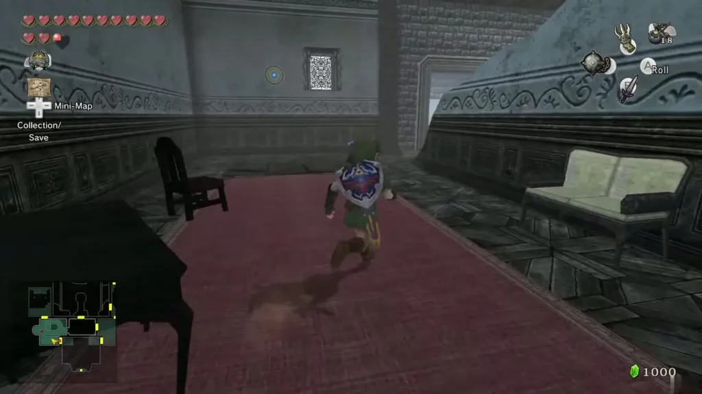 Link crossing the red-carpeted room on the second floor where the floor looks uneven Link crossing the red-carpeted room on the second floor where the floor looks uneven
