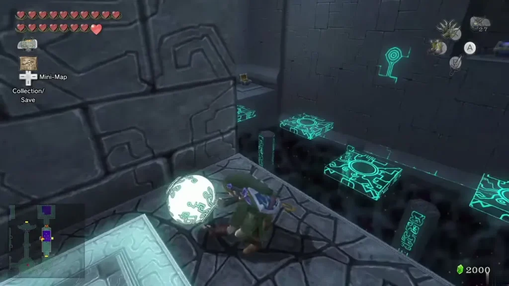 Link carrying a glowing Sol across the fog-filled room of the palace Link carrying a glowing Sol across the fog-filled room of the palace