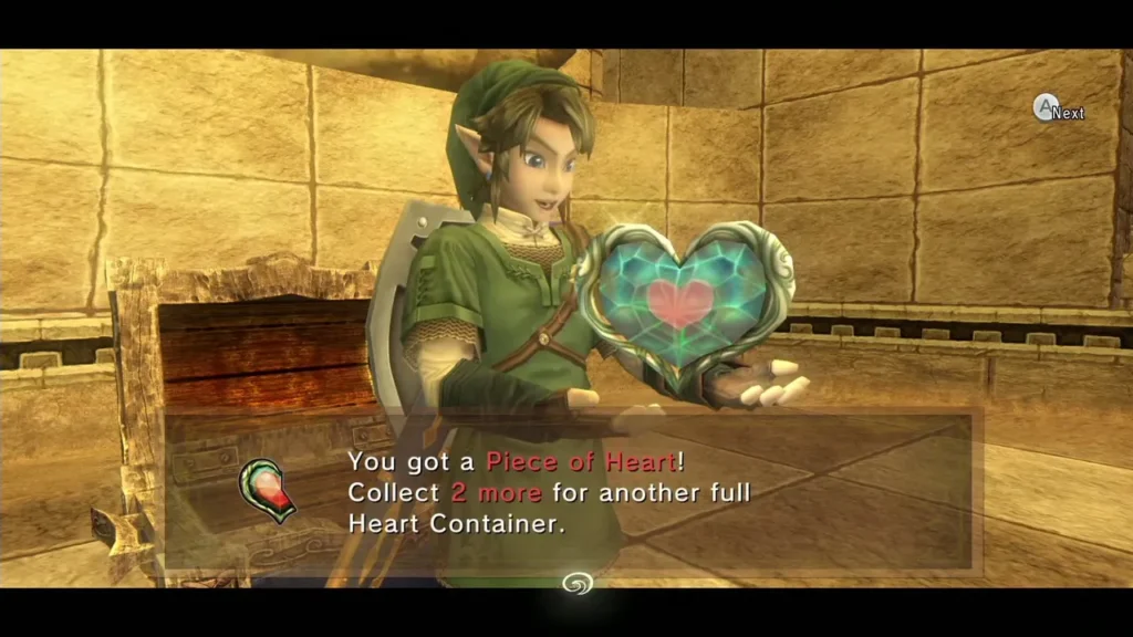 Link holding up the Piece of Heart beside the chest with its message box Link holding up the Piece of Heart beside the chest with its message box