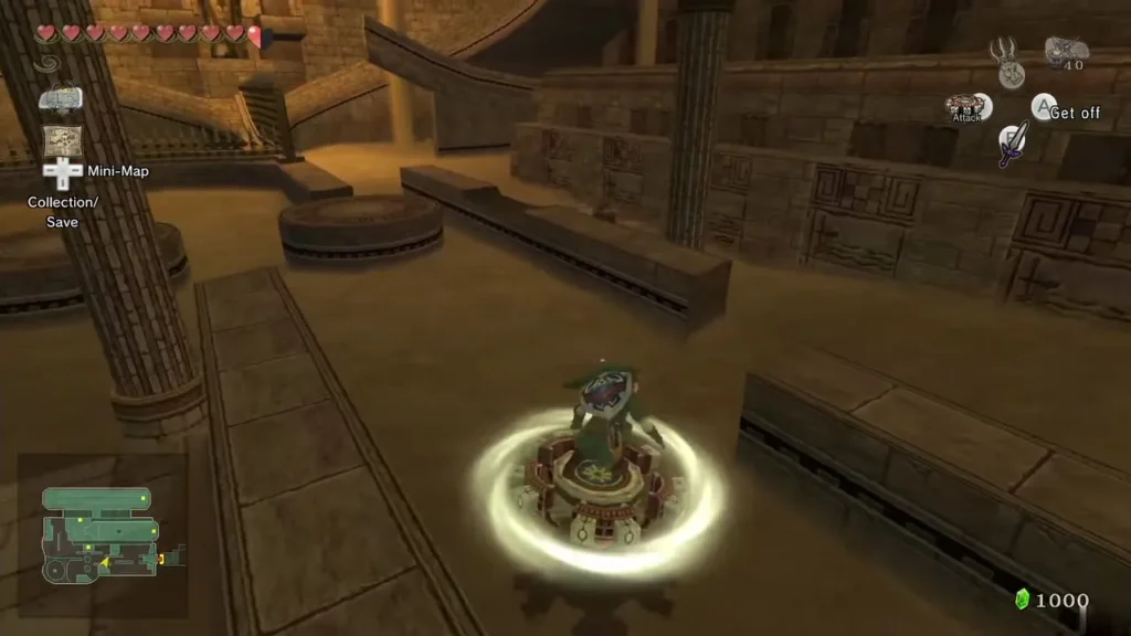 Link riding the spinner on its glowing rail in the Spinner room Link riding the spinner on its glowing rail in the Spinner room