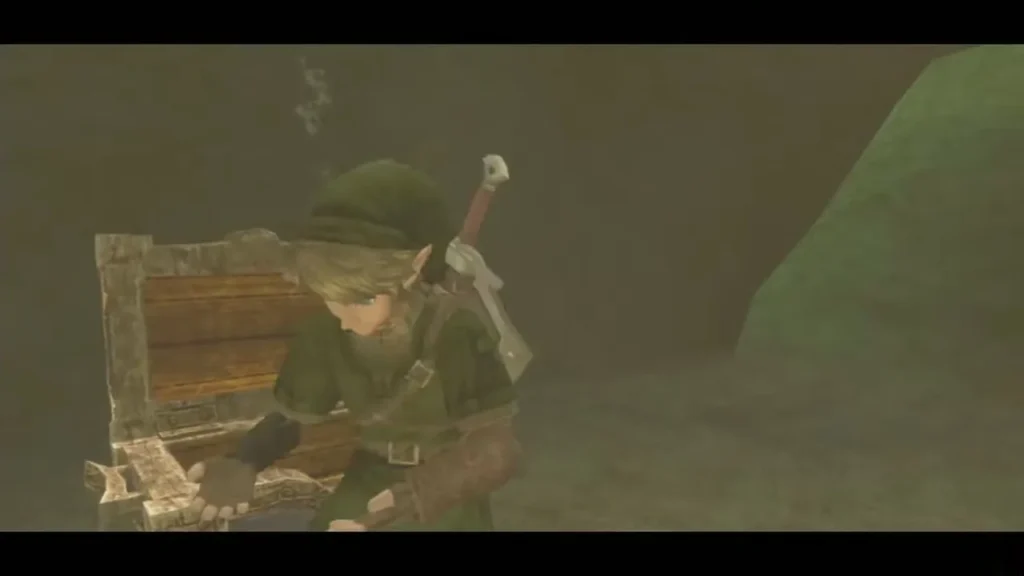 Link kneeling beside the open chest at the bottom of the spring Link kneeling beside the open chest at the bottom of the spring