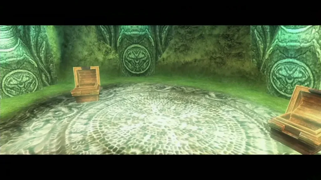 The green round room in the spring cave where two chests stand open The green round room in the spring cave where two chests stand open