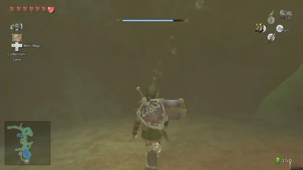 Link swimming through the spring water toward the chest on the bottom Link swimming through the spring water toward the chest on the bottom
