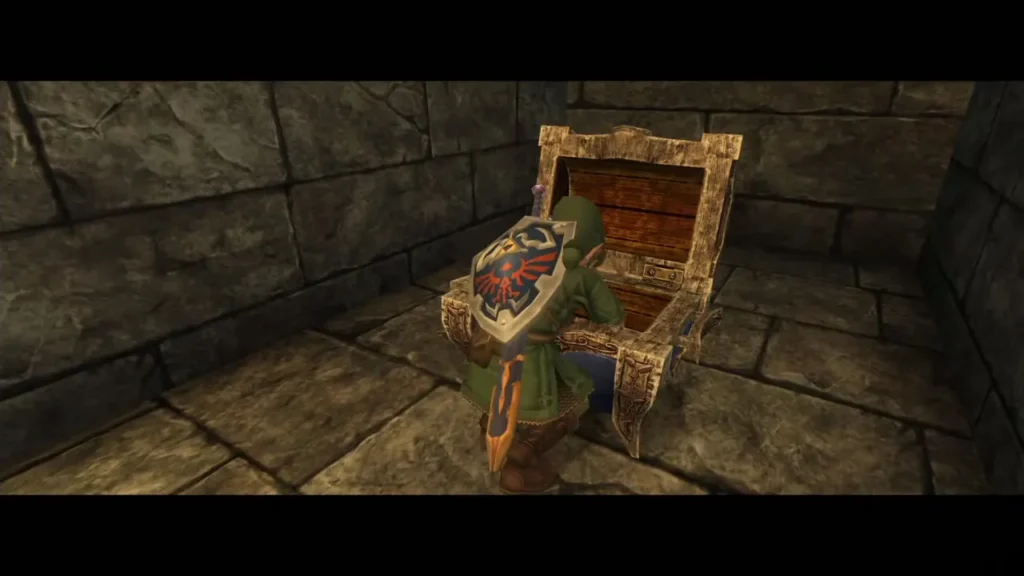 Link leaning over the opened chest holding the Piece of Heart reward Link leaning over the opened chest holding the Piece of Heart reward