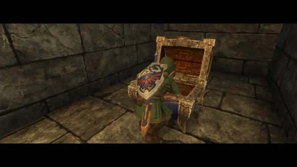Link leaning over the opened chest holding the Piece of Heart reward Link leaning over the opened chest holding the Piece of Heart reward