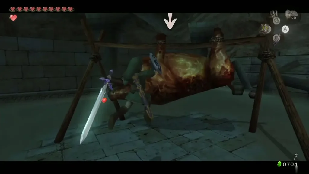 Link slashing at the roasting Bullbo meat with his sword Link slashing at the roasting Bullbo meat with his sword