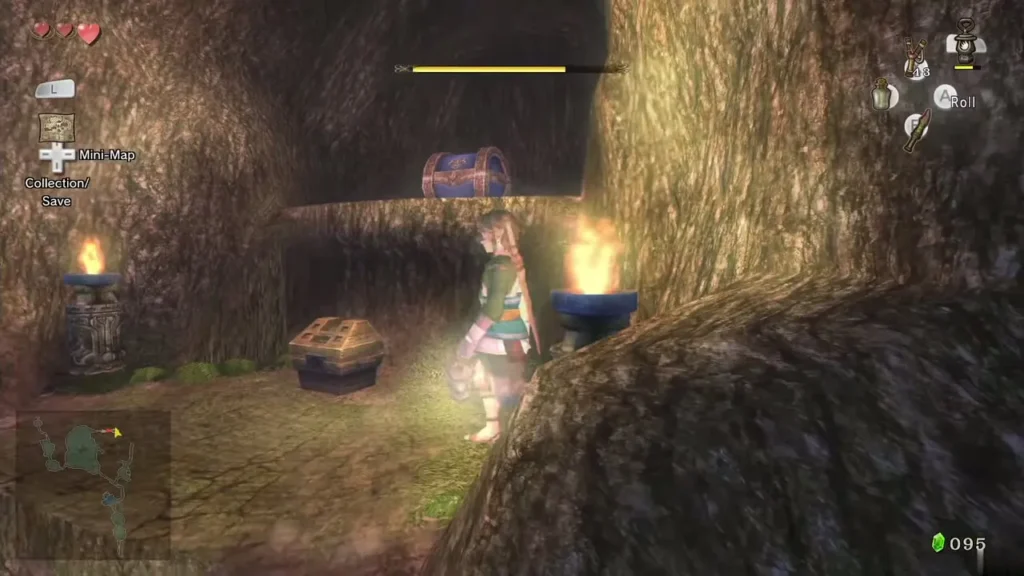 Two torches lit in the cave and a chest appearing in the alcove Two torches lit in the cave and a chest appearing in the alcove