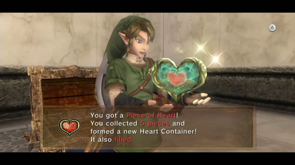 Link holding up the Piece of Heart beside the chest with its message box Link holding up the Piece of Heart beside the chest with its message box