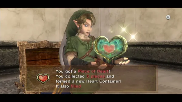 Link holding up the Piece of Heart beside the chest with its message box Link holding up the Piece of Heart beside the chest with its message box