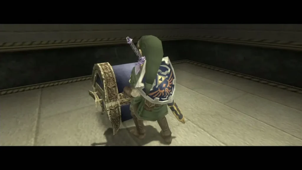 Link pushing the chest in the alcove beside the Temple of Time entrance hall Link pushing the chest in the alcove beside the Temple of Time entrance hall