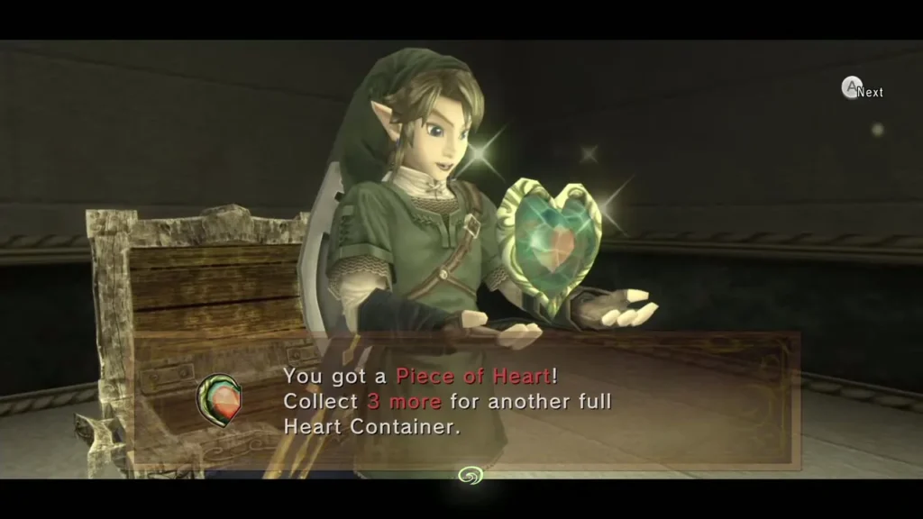 Link holding up the Piece of Heart in the Temple of Time entrance with its message box Link holding up the Piece of Heart in the Temple of Time entrance with its message box
