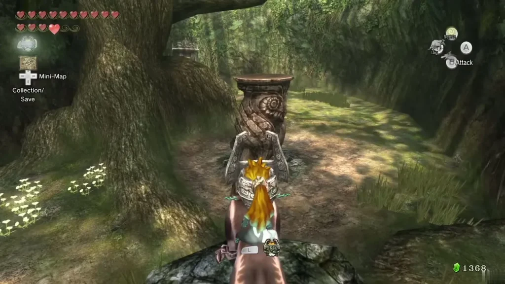 Wolf Link standing by a carved stone pillar on a forest path Wolf Link standing by a carved stone pillar on a forest path