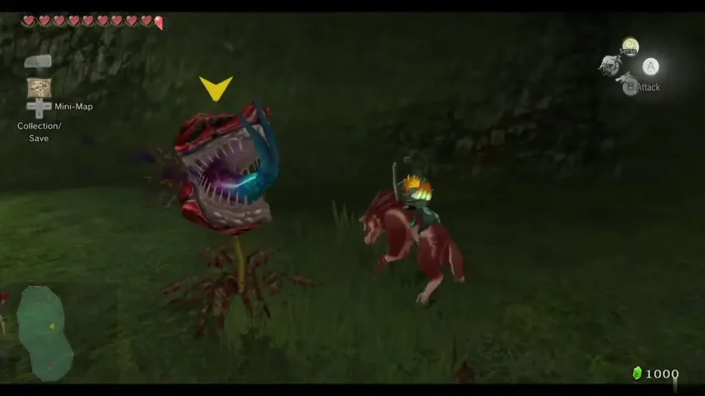 Wolf Link and Midna fighting a snapping Deku Baba plant in the cave Wolf Link and Midna fighting a snapping Deku Baba plant in the cave