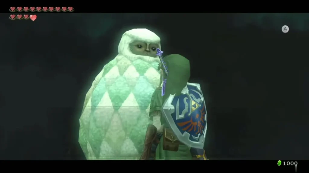Yeta the snow spirit standing beside Link before the sled race Yeta the snow spirit standing beside Link before the sled race