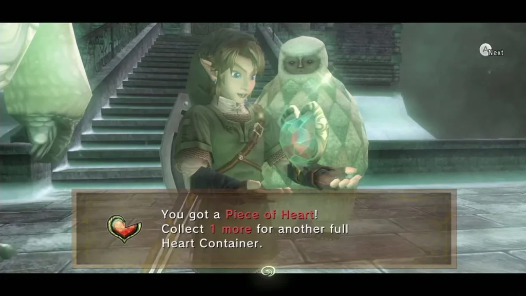 Link holding up the Piece of Heart beside Yeta with its message box Link holding up the Piece of Heart beside Yeta with its message box