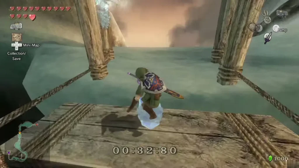 Link sledding down the snowy race course on a wooden sled Link sledding down the snowy race course on a wooden sled