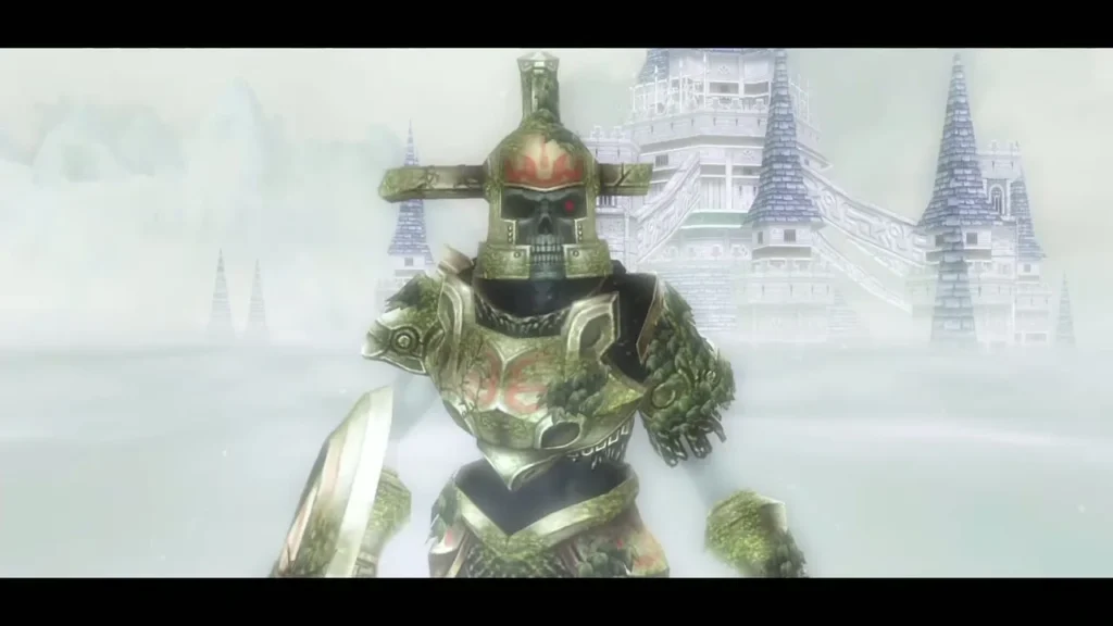 The armored teacher standing in the white mist arena, greeting Link before the lesson
