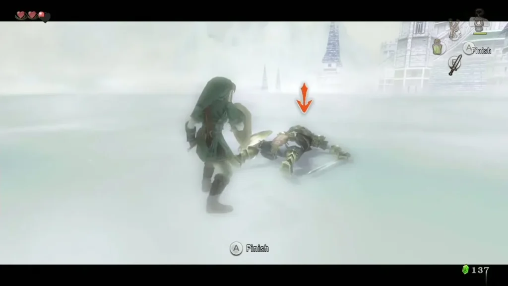 Link finishing a stunned enemy on the ground with the Ending Blow in the mist arena Link finishing a stunned enemy on the ground with the Ending Blow in the mist arena