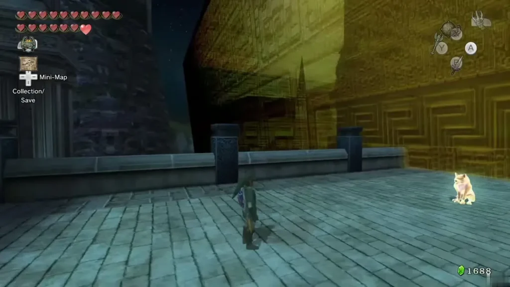 Link crossing a stone plaza as the golden wolf spirit waits beside a golden wall Link crossing a stone plaza as the golden wolf spirit waits beside a golden wall