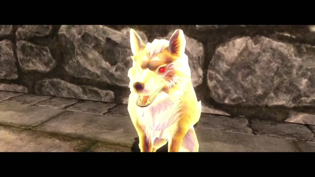 The golden wolf spirit standing before a stone wall at the east entrance of Castle Town The golden wolf spirit standing before a stone wall at the east entrance of Castle Town