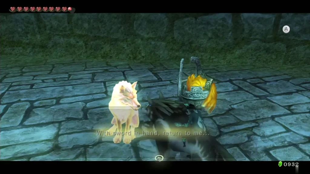 The golden wolf spirit with Wolf Link and Midna on the stone paving of Castle Town The golden wolf spirit with Wolf Link and Midna on the stone paving of Castle Town