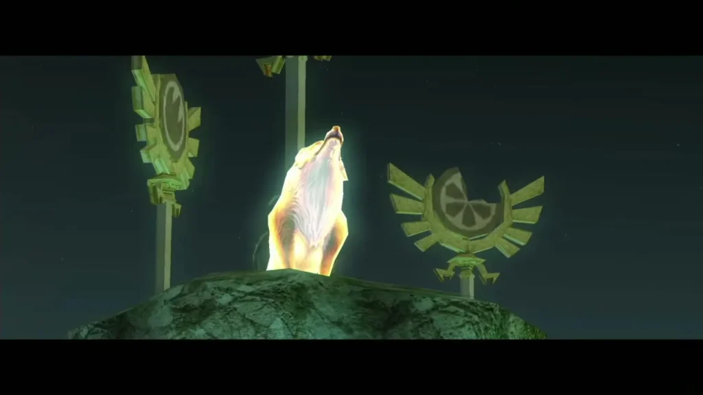 The golden wolf spirit howling on a stone pedestal beside a Hyrule crest The golden wolf spirit howling on a stone pedestal beside a Hyrule crest