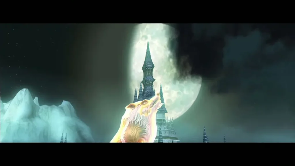 The golden wolf howling under a full moon beside the castle spires in the vision The golden wolf howling under a full moon beside the castle spires in the vision