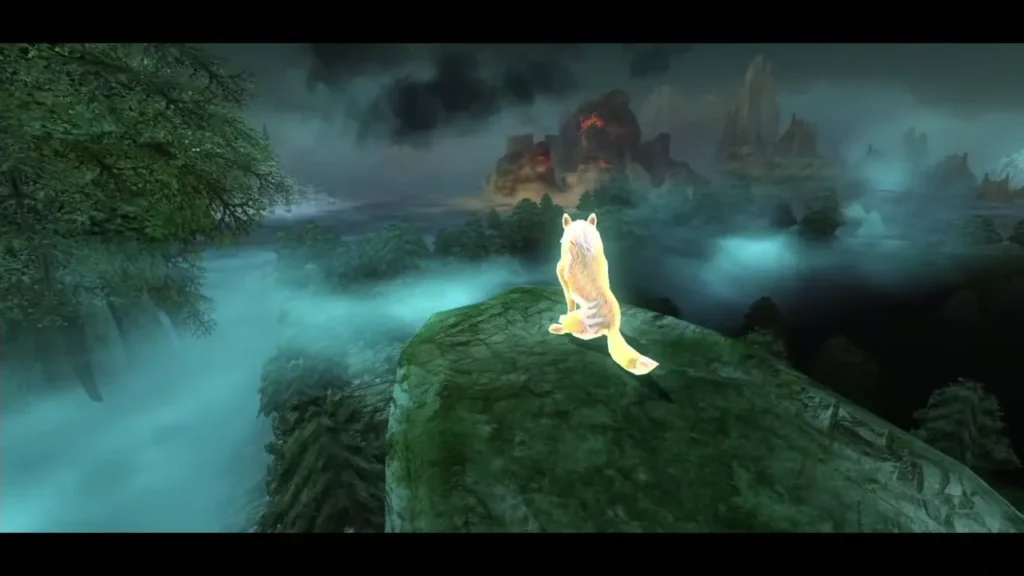 The golden wolf spirit sitting on a mossy cliff above a misty valley The golden wolf spirit sitting on a mossy cliff above a misty valley