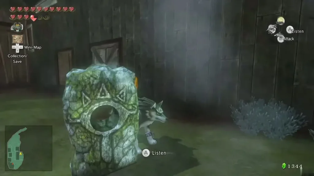 Wolf Link beside the mossy Howling Stone in the Hidden Village yard Wolf Link beside the mossy Howling Stone in the Hidden Village yard
