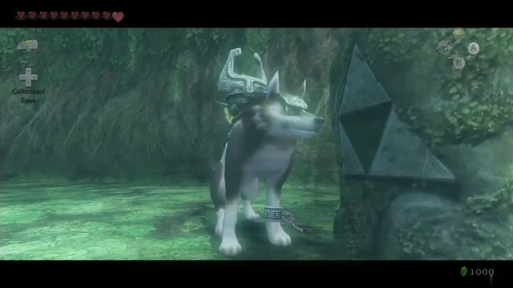 Wolf Link standing beside the Triforce-marked stone in the green Sacred Grove Wolf Link standing beside the Triforce-marked stone in the green Sacred Grove