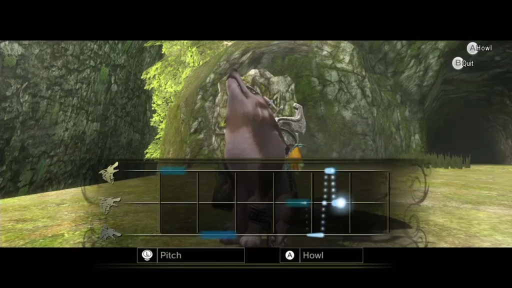 Wolf Link howling in front of a mossy stone archway in the forest, with the pitch bar shown Wolf Link howling in front of a mossy stone archway in the forest, with the pitch bar shown