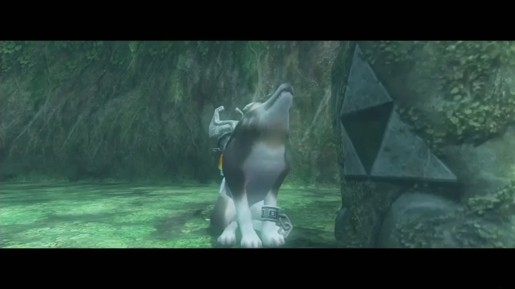 Wolf Link howling at the Triforce-marked stone in the green Sacred Grove Wolf Link howling at the Triforce-marked stone in the green Sacred Grove
