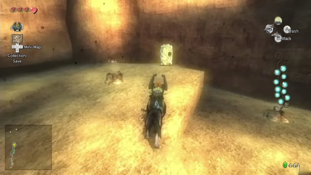 Wolf Link riding toward the glowing Howling Stone on Death Mountain Wolf Link riding toward the glowing Howling Stone on Death Mountain