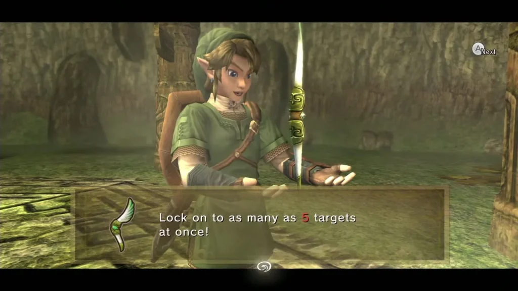 Link holding the Gale Boomerang with its message about locking on to several targets Link holding the Gale Boomerang with its message about locking on to several targets