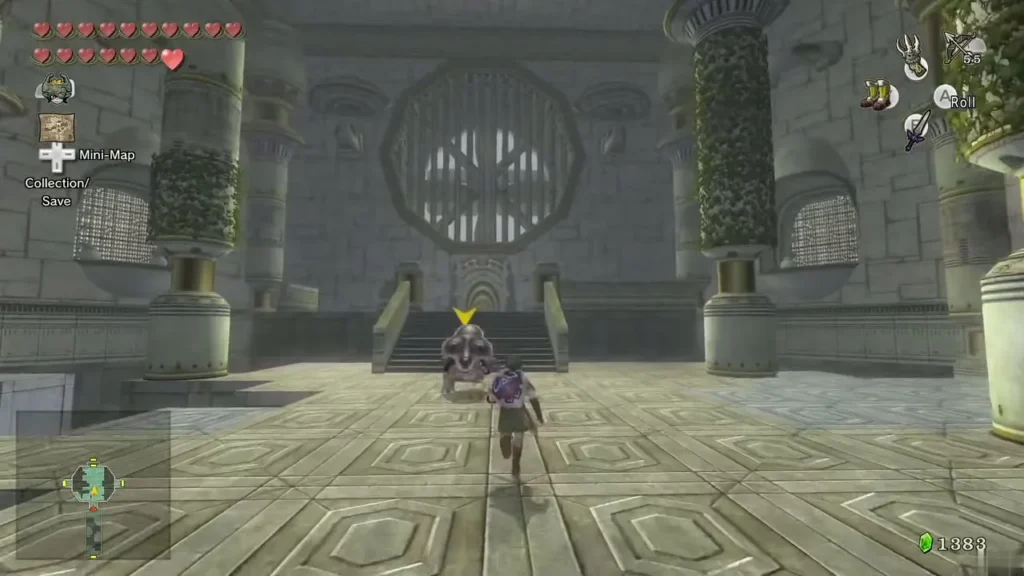 Link with lock-on active on an enemy at the foot of the stairs in a stone hall Link with lock-on active on an enemy at the foot of the stairs in a stone hall